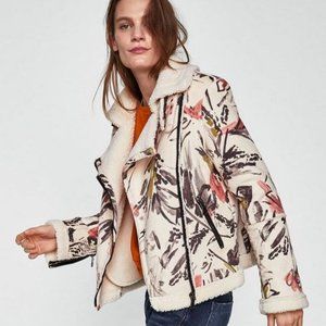 Zara Basics Faux Sherpa Off White Moto Zip Jacket Size Small